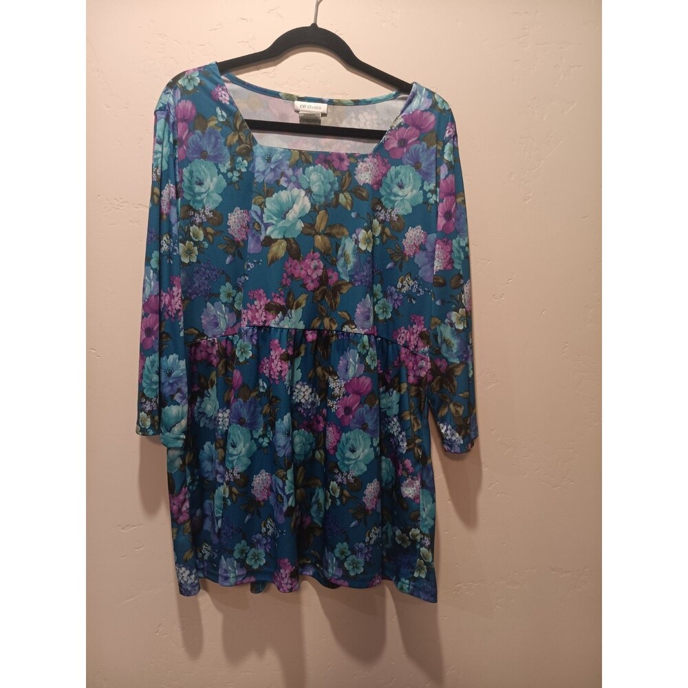 CW Classics Women's Plus 1X Blue Floral Square Neck 3/4 Sleeve Pullover Blouse